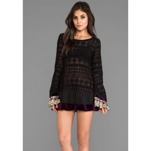 RARE Free People Black Lace Tie Dyed Velvet Sequin Bell Sleeve Tunic Mini Dress - Picture 6 of 16